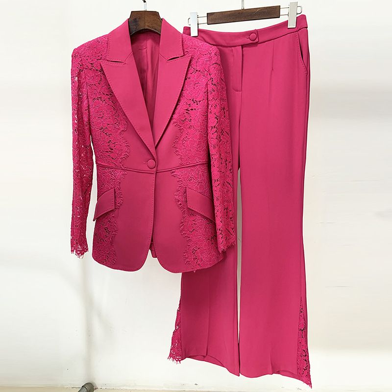 GraceChic In Stock 2025 Celebrity Fashion New Lace Patchwork Slim Fit One Button Blazer Flared Pants Two-Piece Set_voghion.com