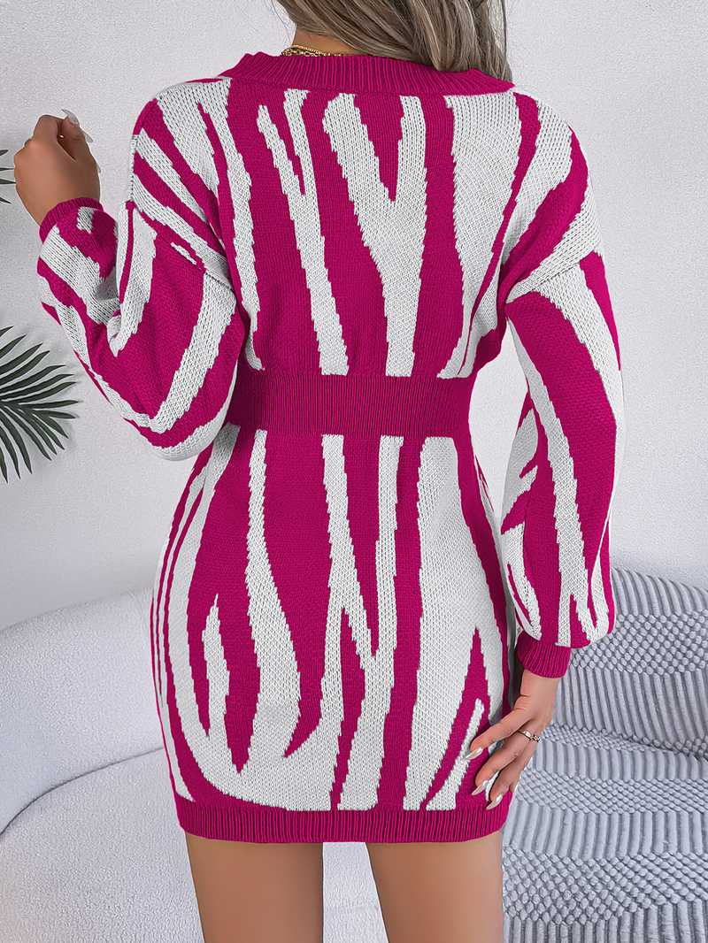 Abito maglione da donna 2024 Abito maglione casual da donna con scollo a V e maniche lunghe a contrasto_voghion.com