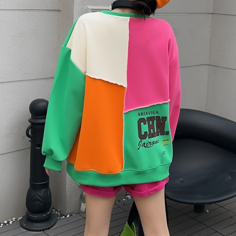 Dammekleeder Hierschtfaarf Kontrast Nähten Design Buschtawendrock Grouss Gréisst locker Casual Lazy Style Pullover Top_voghion.com