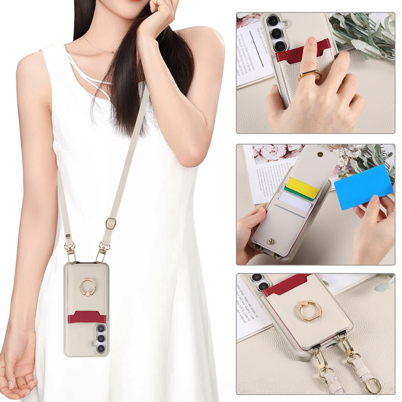 Adatto per Samsung S25 Ultra Custodia in pelle per cellulare con slot per schede S24 S23 Custodia per cellulare con anello con motivo a litchi e cordino_voghion.com