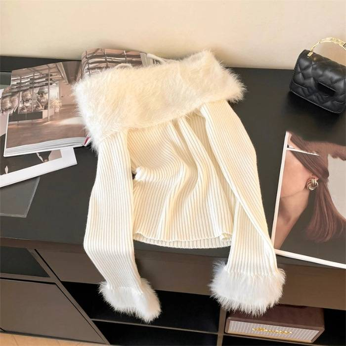 Soft Fuzzy Off-Shoulder Sweater – Cozy Winter Knit With Fluffy Collar, Elegant & Chic (S-XL, Beige/Khaki, Luxe Minimalist Style)_voghion.com
