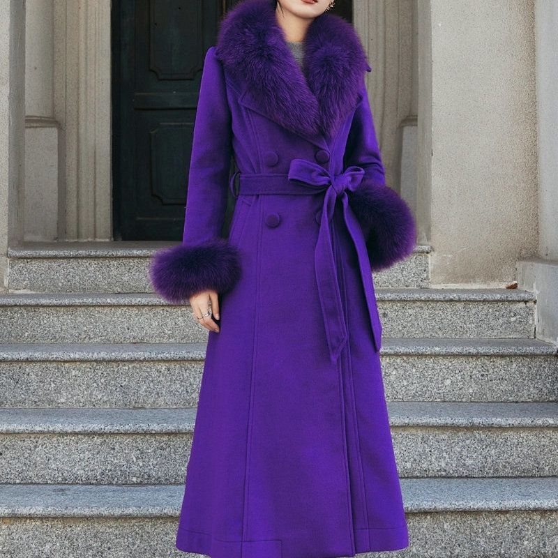 Cappotto in lana con collo in pelliccia sintetica da donna, giacca trench invernale alla moda con finiture in pelliccia di volpe, elegante e caldo capospalla oversize per donna_voghion.com