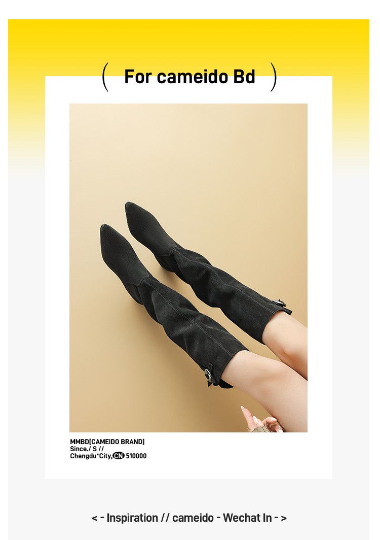 Cameido Natural Lazy Suede Pointed Toe Wrinkled Pile Western Cowboy Boots With Belt Buckle High Shaft_voghion.com