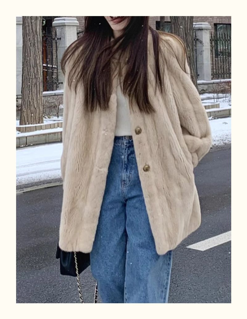 Cappotto in pelliccia sintetica di visone ecologica da donna - Giacca in peluche di media lunghezza in caffè e panna (S-L) | Ispirata al vintage e adatta all'inverno_voghion.com