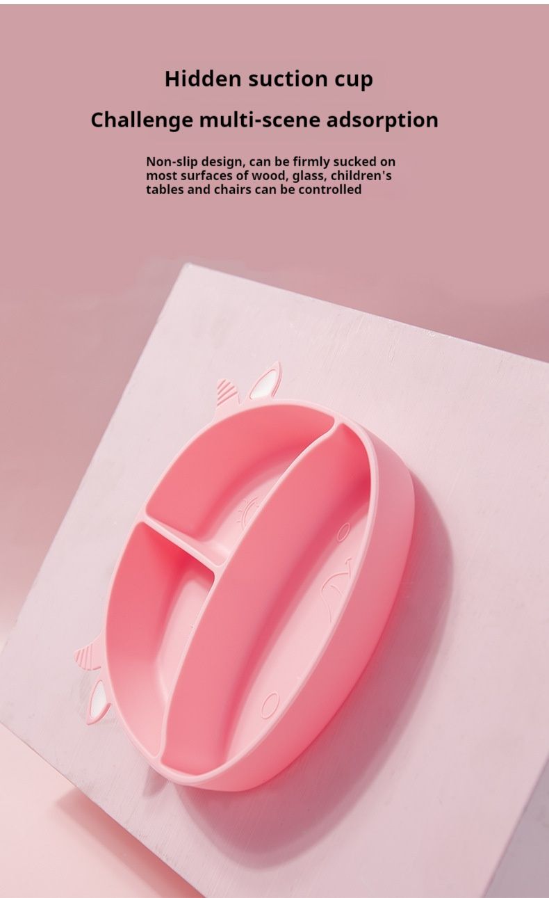Baby safety silicone plate, baby anti slip suction cup bowl, baby cartoon complementary food box, integrated compartment tableware_voghion.com