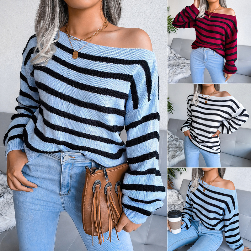 Autumn And Winter Off-Shoulder Casual Loose Striped Knitted Sweater Women's Fashion_voghion.com