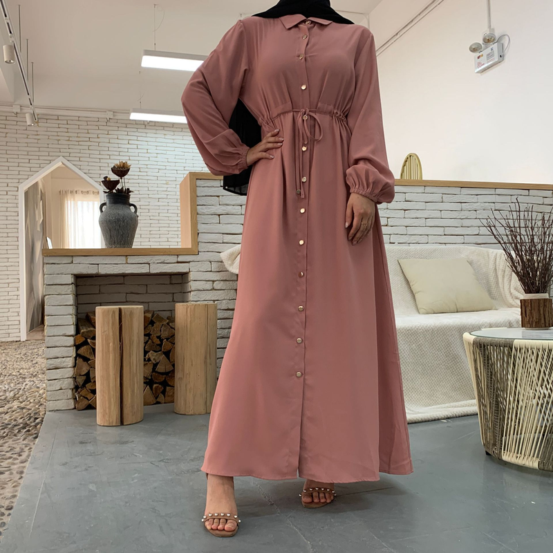 Roupas femininas nova moda muçulmana lapela cor sólida botão completo vestido fino saia longa_voghion.com