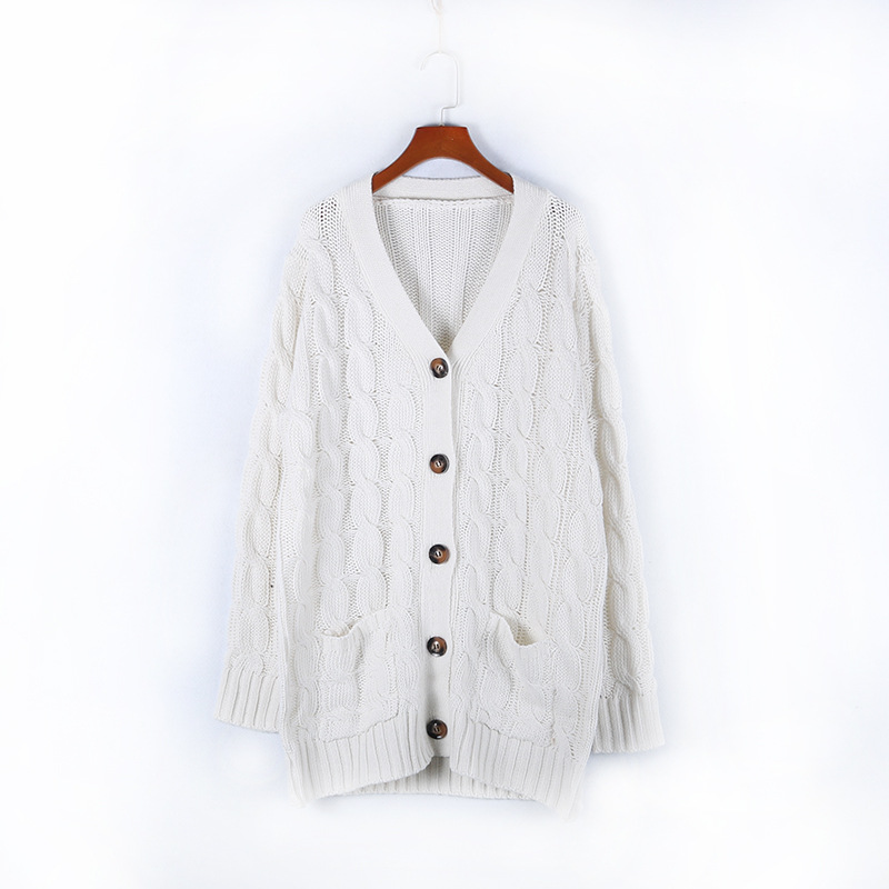 Neuer einreihiger, dicker, langärmliger Strickpullover-Cardigan-Mantel für Herbst und Winter mit verdrehter Tasche für Damen_voghion.com