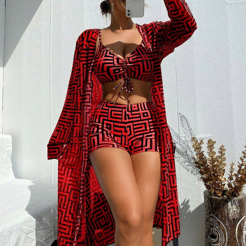 Women's Hot-selling Women's Split Swimsuit Blouse Three-piece Set Gathered Pleated Swimsuit High Waist Swimming Trunks_voghion.com
