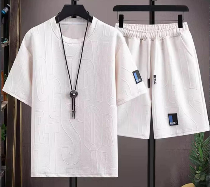 Costume deux pièces en jacquard épais à manches courtes pour homme, décontracté, ample, grande taille, tendance, marque, assorti, short, pour étudiants_voghion.com