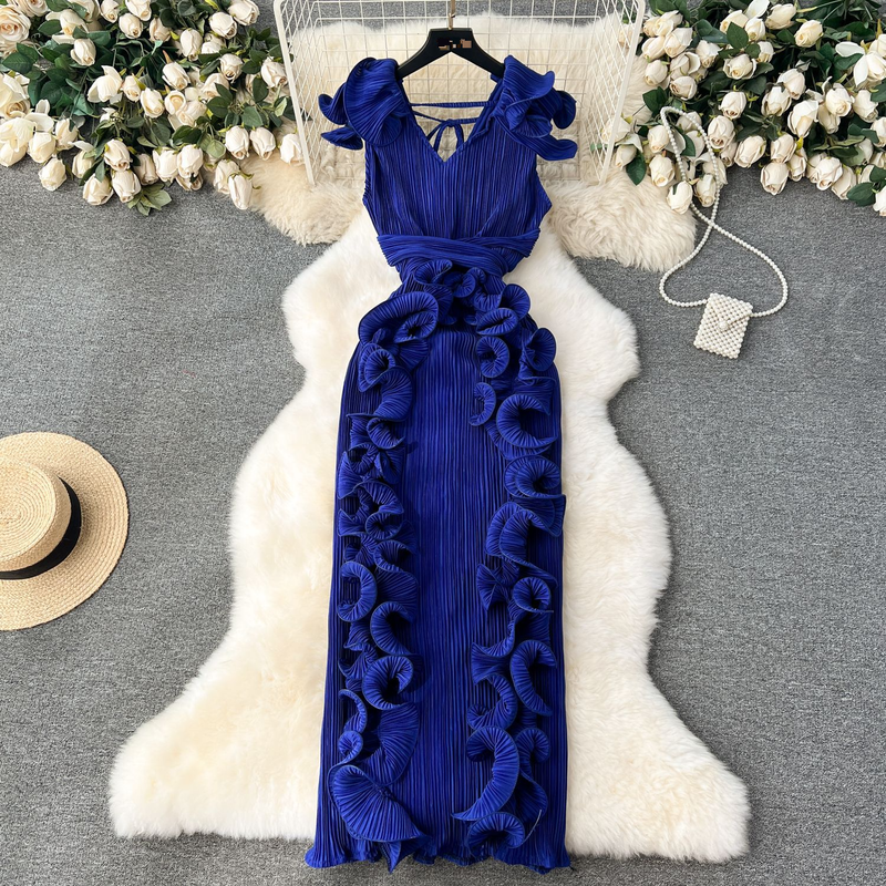 Bankett High-End-Kleid High-End-Licht Luxus Nische Plissee Dreidimensionale Rüschen Schlank Lange Temperament Kleid Für Frauen_voghion.com