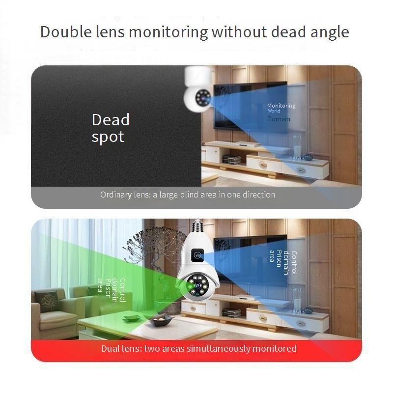 Telecamera di sicurezza wireless a doppia lente con lampadina - Monitoraggio intelligente a 360° per interni, visualizzazione remota tramite telefono_voghion.com