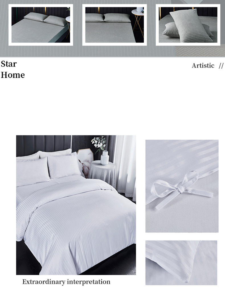 Parure de lit jacquard à rayures de 1 cm, 4 pièces, 3 pièces, pour hôtel, maison d'hôtes, drap-housse, taies d'oreiller, drap plat_voghion.com