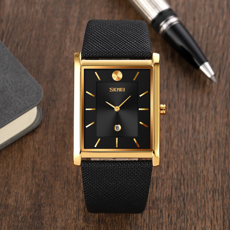 SKMEI 9256 Men's Quartz Watch: Elegant Square Dial, 3D Metal Scale, High Hardness Glass, Leather Strap,_voghion.com