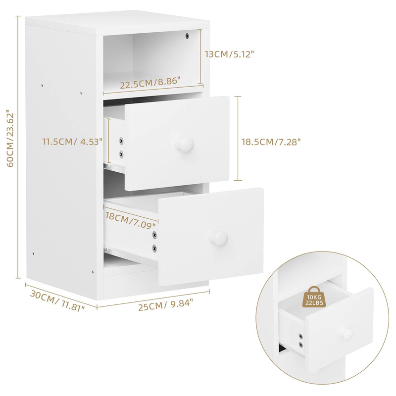 Set mit 2 weißen Nachttischen – 25 x 30 x 60 cm, laminierte Spanplatte, 2 Schubladen + offenes Regal, minimalistischer Nachttisch (weiß)_voghion.com