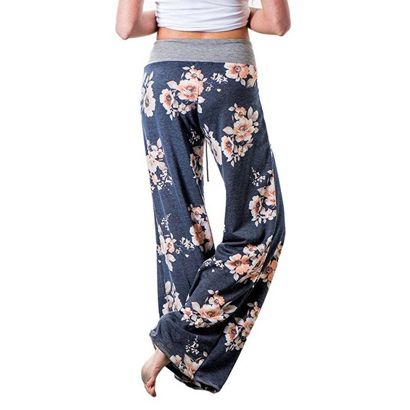 Calça comprida plus size com estampa floral e cintura alta, cordão, calça casual feminina plus size, leve elástica e solta_voghion.com