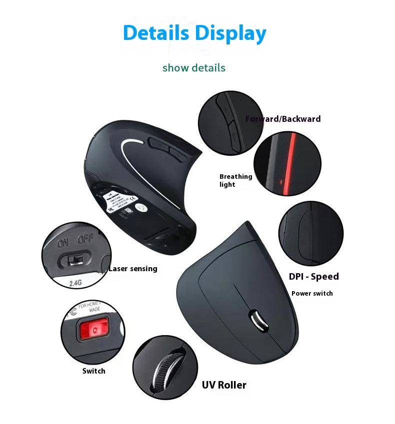 Ergonomische vertikale kabellose Maus für die rechte Hand, 2,4 G leise wiederaufladbare optische Maus mit einstellbarer DPI (1600 DPI), 6 Tasten, USB-Empfänger_voghion.com