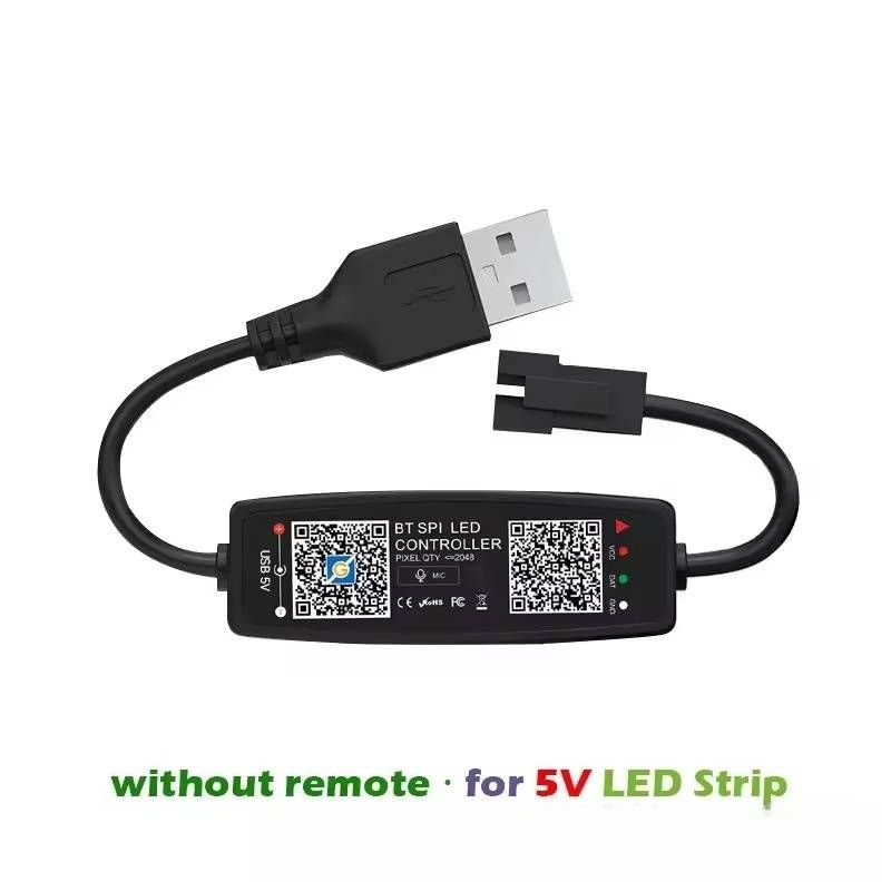 Contrôleur de bande LED 5 V USB Bluetooth et IR à double contrôle – Télécommande 28 touches + synchronisation via application pour éclairages RVB WS2812 (portée 40 m, certifié CE)_voghion.com