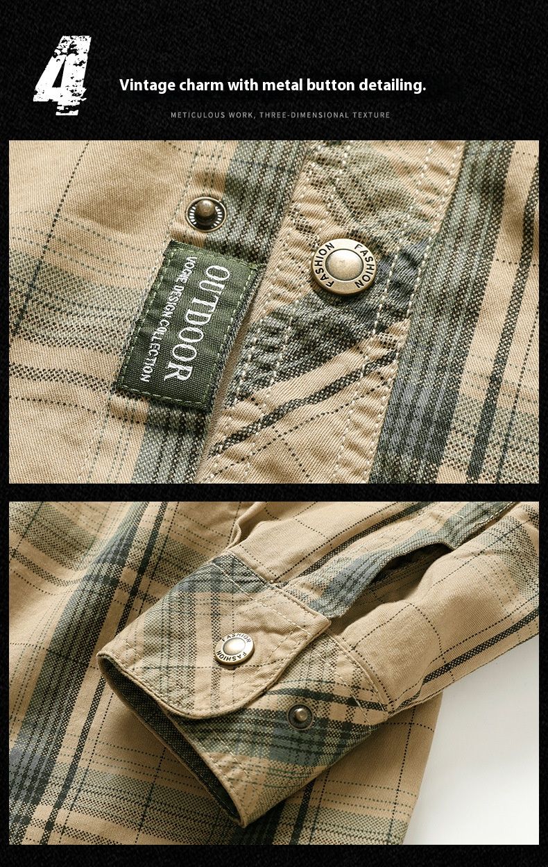Men's Classic Plaid Work Shirt, 100% Cotton Long Sleeve Button-Up, Relaxed Fit For Business Casual & Outdoor Wear, Available In Army Green/Khaki/Navy_voghion.com