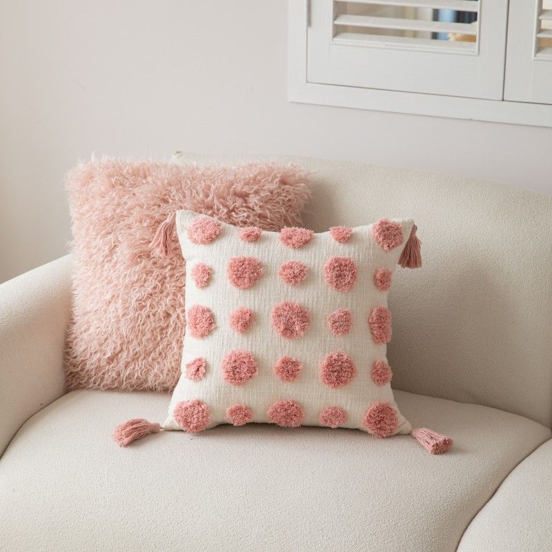 Decorative Tassel Throw Pillow Cover - Modern Pink Polka Dot Square Cushion Cover With Detachable Design For Sofa, Bed, Living Room"_voghion.com