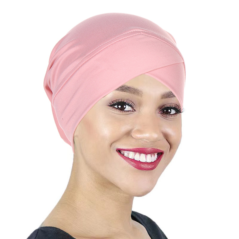 Women's Hats new style multi-color solid color cross headscarf hat women's bottom hat Muslim headscarf hat_voghion.com