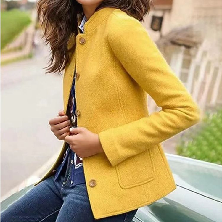 Dameskleding effen kleur wollen opstaande kraag eenvoudige lange mouwen knoop korte jas_voghion.com