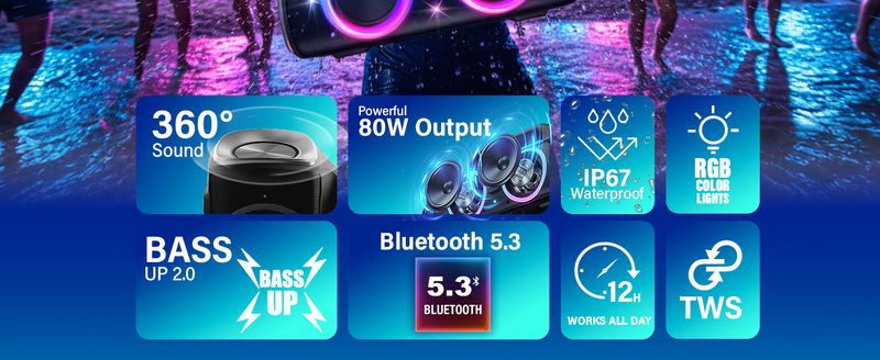 80w(Peak)Portable Wireless Speaker With Lights,Stereo Loud Sound,IP67 Waterproof,Deep Bass Outdoor Bluetooth-5.0 ,For Home Party Beach Camping Gifts_voghion.com