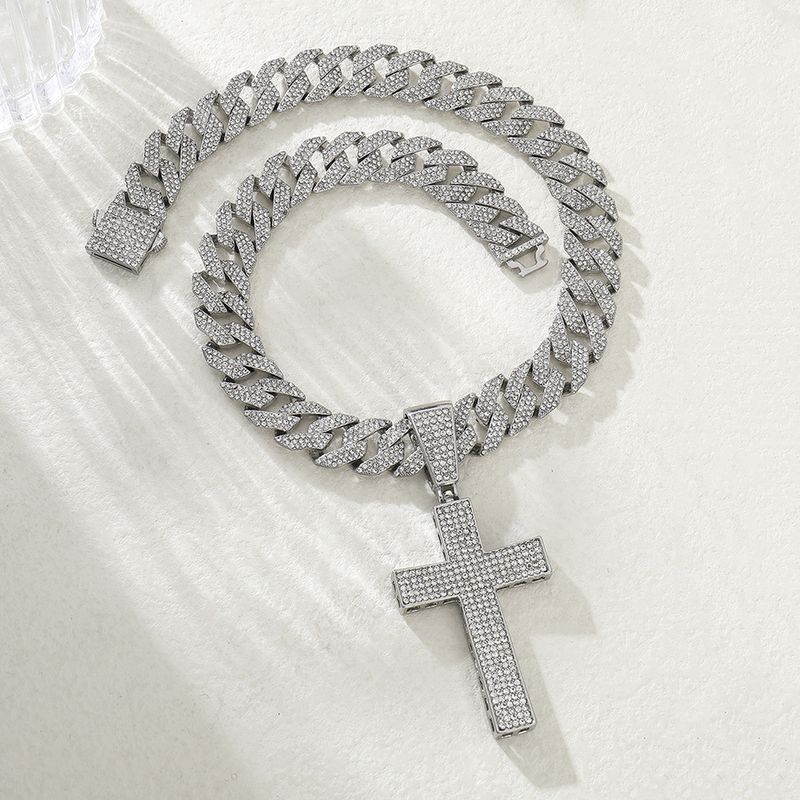 Pingente de cruz de personalidade popular com liga de diamante, corrente cubana, crença religiosa, colar hip hop_voghion.com