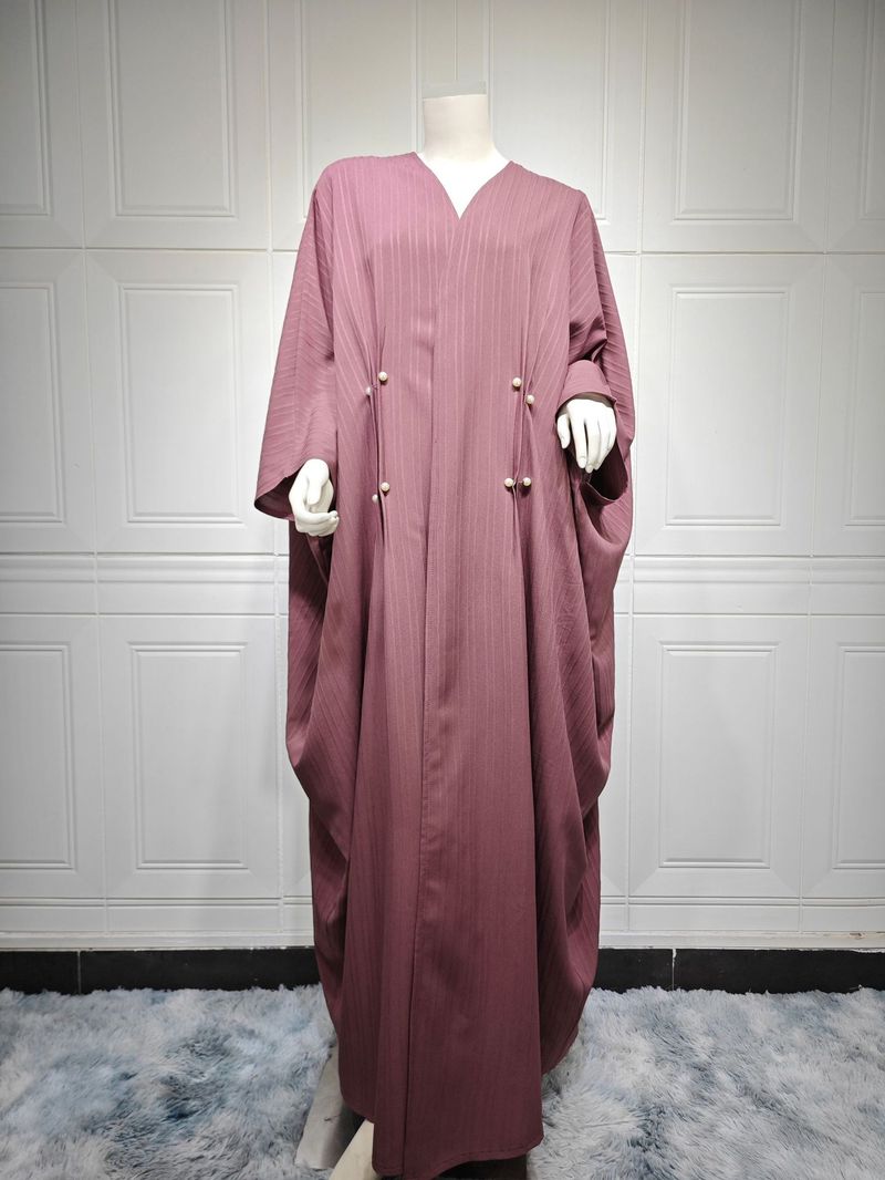 Verve MQ077 Muslim Women's Modest Fashion Turkish Striped Casual Plus Size Abaya Cardigan Robe_voghion.com