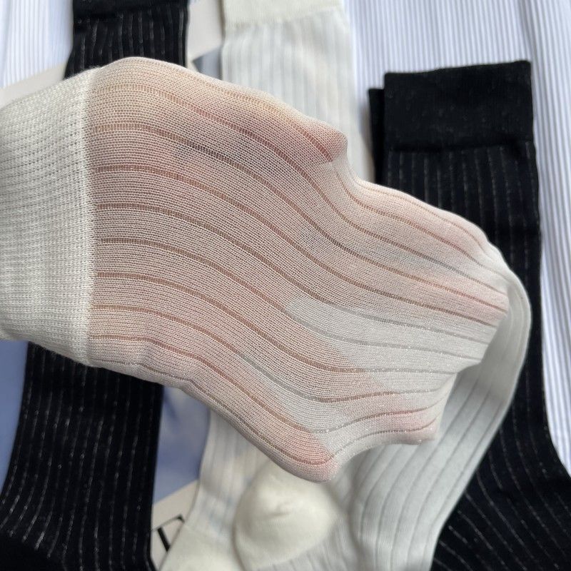 Ultra-thin Shiny Vertical Striped Summer Stockings Versatile Solid Color Long Tube JK Black And White Women's Socks_voghion.com
