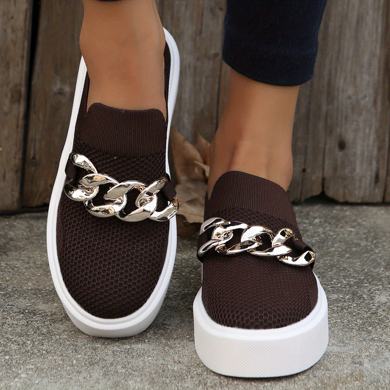 Women's Chain Decor Breathable Mesh Air Round Toe Flat Shoes, Girl's Slip On Loafers Women's Shoes_voghion.com