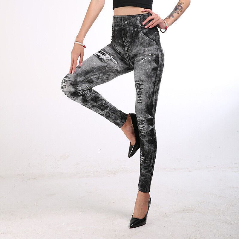 Women's New Denim Fleece-Lined Leggings Multi-Color Hip-Lifting Nine-Point Pants_voghion.com