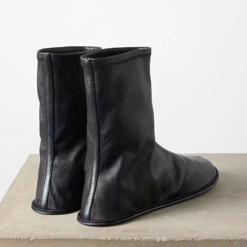 Echtes Leder Nischendesign Square Toe Elastic Bequeme flache Lazy Ankle Herbst Neue vielseitige schlanke Stiefel für Frauen_voghion.com