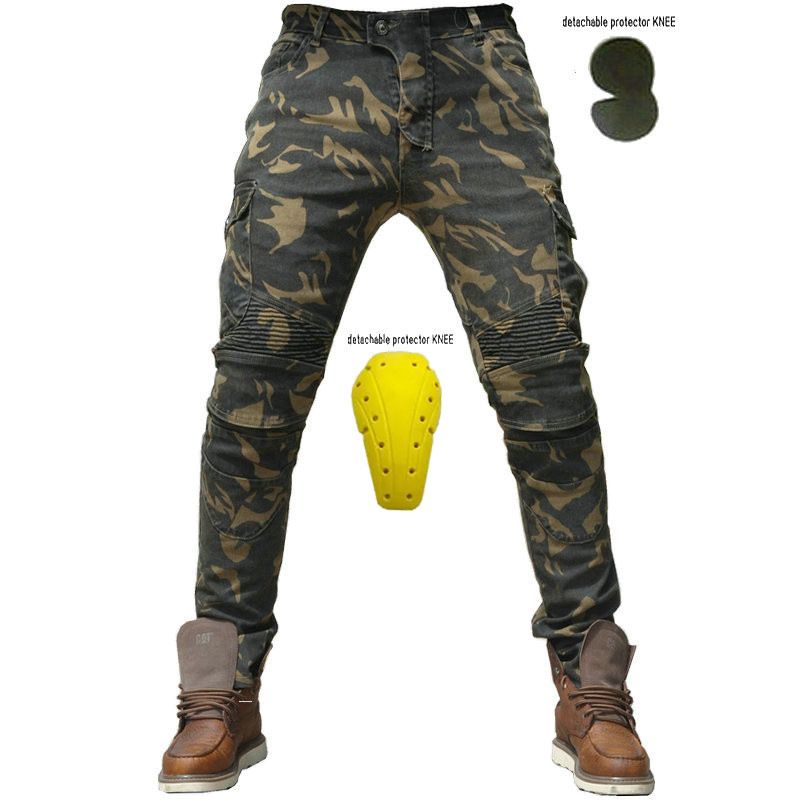 Jeans da motociclista classici mimetici da uomo – Pantaloni in denim elasticizzato per tutte le stagioni con protezione per le ginocchia e misto cotone traspirante (ATM-8, mimetico)_voghion.com