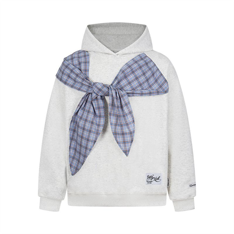 Felpa con cappuccio e papillon a quadri patchwork in stile college, unisex, design di nicchia, autunno inverno, abbigliamento sportivo alla moda._voghion.com