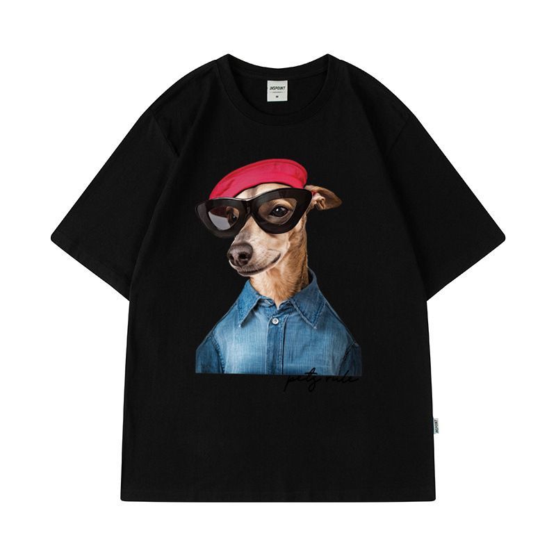 T-shirt à manches courtes pour homme, grande taille, motif dessin animé, lunettes de soleil, chien, style hip-hop décontracté, col rond, manches mi-longues_voghion.com