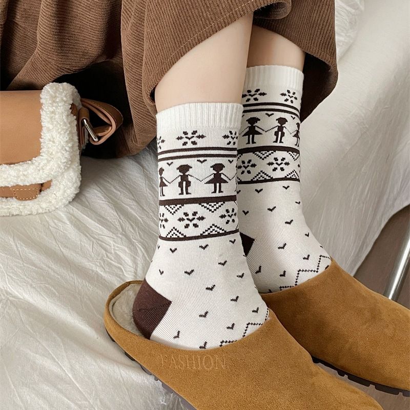 Fair Isle Vintage-Knopfsocken für Damen und Herren – lässige Baumwollsocken bis zur Wadenmitte mit geometrischem Muster, atmungsaktiv und bequem für alle Jahreszeiten_voghion.com
