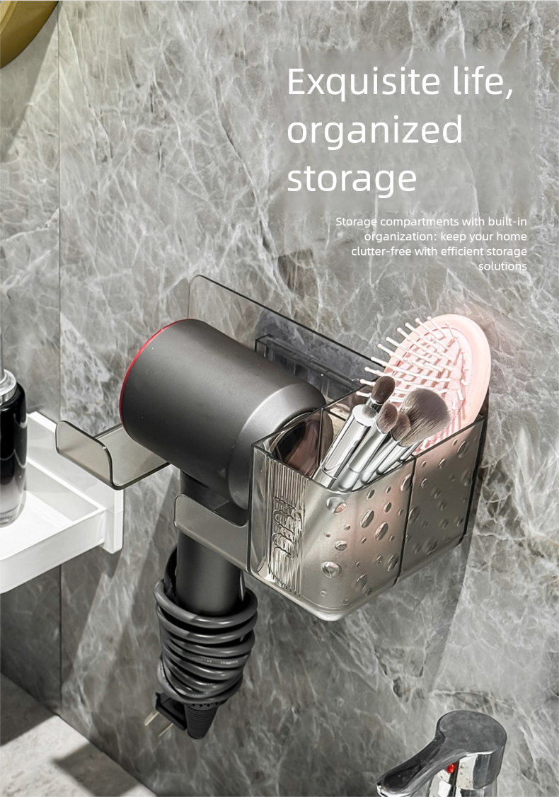 Supporto per asciugacapelli integrato da parete multifunzionale senza foratura per il bagno_voghion.com