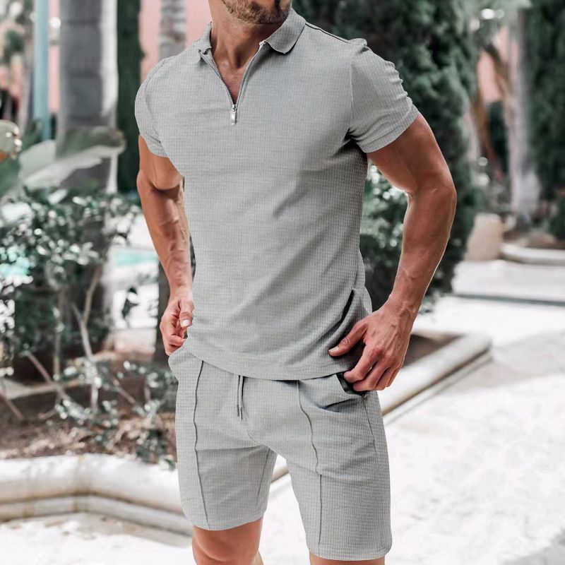 Set di t-shirt da uomo con colletto largo, pantaloncini a maniche corte, casual, estivi, in tessuto a nido d'ape, di qualità imbattibile, di colore puro._voghion.com