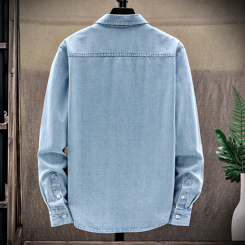 Commerce extérieur Printemps et Automne Chemises en Denim à Manches Longues Simples et décontractées Polyvalentes pour Hommes et Jeunes Col Polo Coton à Pois Couleur Unie Régulier_voghion.com