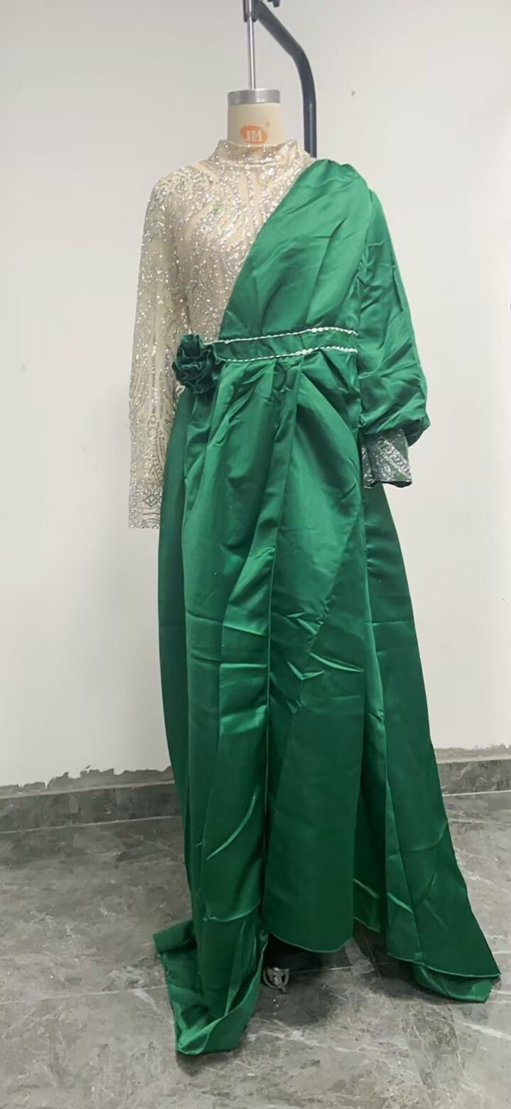 Evening Party Dress Women Elegant Beading Side Split Satin Lantern Sleeve Green Wedding Prom Gown Long Maxi Dresses 2025_voghion.com