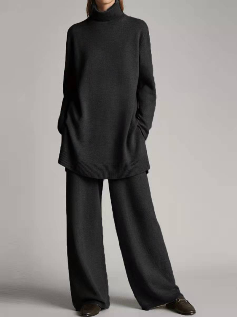 Women's clothing Knitted Solid Color High Collar Loose Casual Two-piece Suit_voghion.com