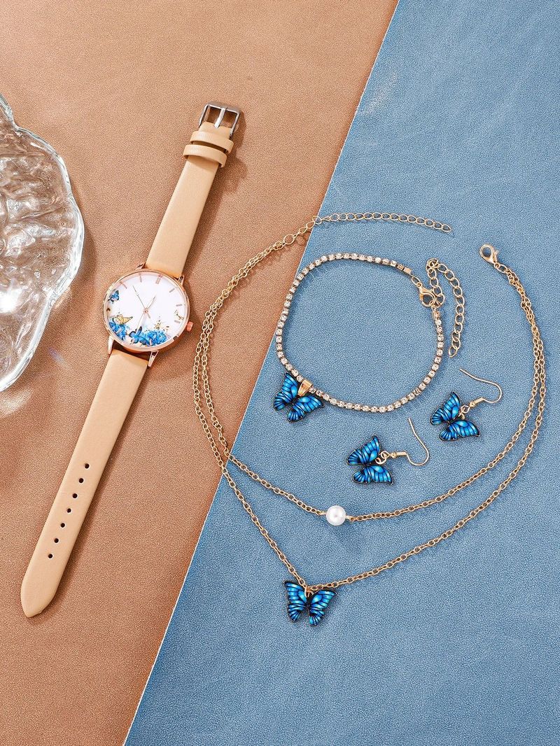 J5pcs/set all match niche hit fashion butterfly ladies belt watch set_voghion.com