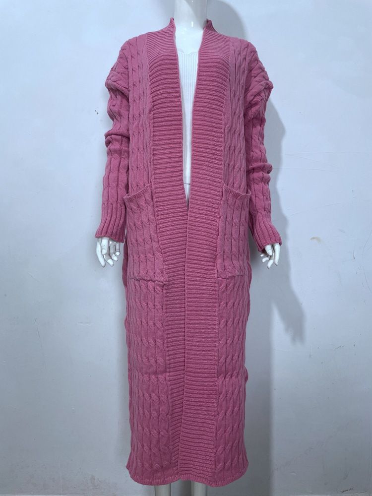 Damen-Strickpulloverjacke mit langen Ärmeln, lockerer langer Strickjacke_voghion.com