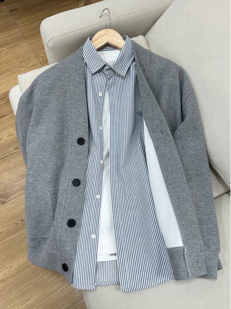 Men's Clothing Men's Waffle Knit Cardigan - Oversized V-Neck Open Front Jacket (Black/Grey, M-XXXL)_voghion.com