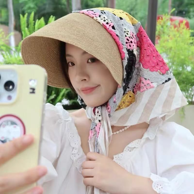 Damen 2025 Neu, Stroh Sommerblumenstickerei, Quadratischer Bandanahut, Dreieckstuch, Sonnenhut_voghion.com