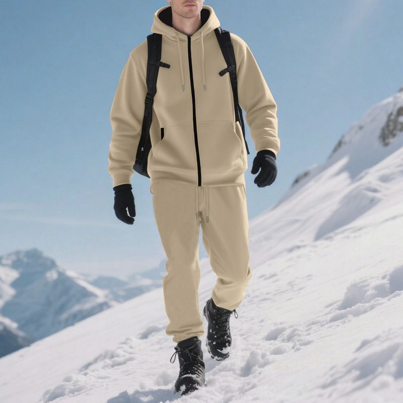 Herren-Set aus Fleecejacke mit Kapuze und Reißverschluss und Jogginghose – warmer Pullover-Trainingsanzug für den Winter für Freizeit und Sport (Schwarz, Dunkelgrau, Khaki, Armeegrün)_voghion.com