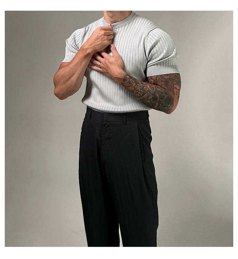 Herrenbekleidung Kurzarmpullover Rundhals Halbreißverschluss Gestreift Einfarbig Vielseitiges Herren-T-Shirt Slim Fit Top_voghion.com