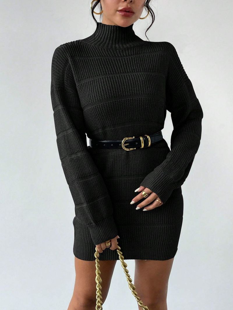 Slim-Fit Ribbed Knit Dress – Versatile Mock Neck Long Sleeve Bodycon Dress For Women (Black/White/Wine, S-XL)_voghion.com
