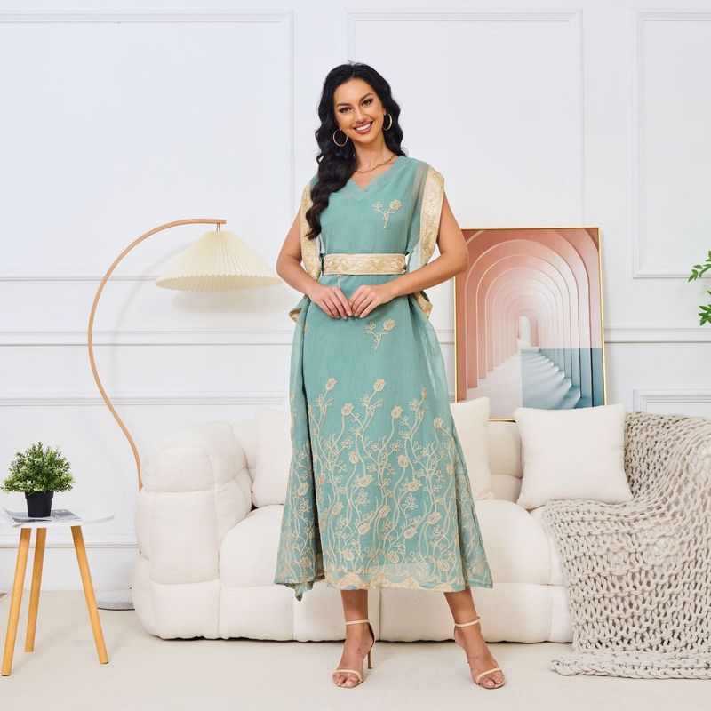 Mt113 Muslim Robe New Embroidered Mesh Large Swing Sleeveless Elegant Dress_voghion.com